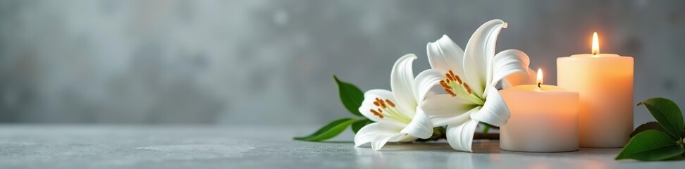 White lily flowers and flickering candles casting a warm glow on a sleek grey background,  decoration,  peaceful