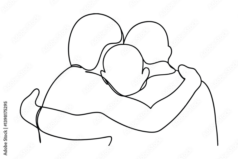 Poster group hug in continuous line art style depicting love support and togetherness expressing affection 