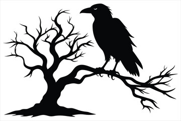Raven bird silhouette on a dead tree branch
