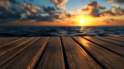 Fototapeta premium Sunset Ocean View Wooden Dock with Calm Sea.