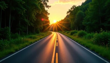 Wide race track winding through lush green woods at sunset, creating a picturesque nature landscape,  countryside, race track