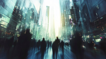 Futuristic City Crowd Scene with Abstract Lights and Silhouettes
