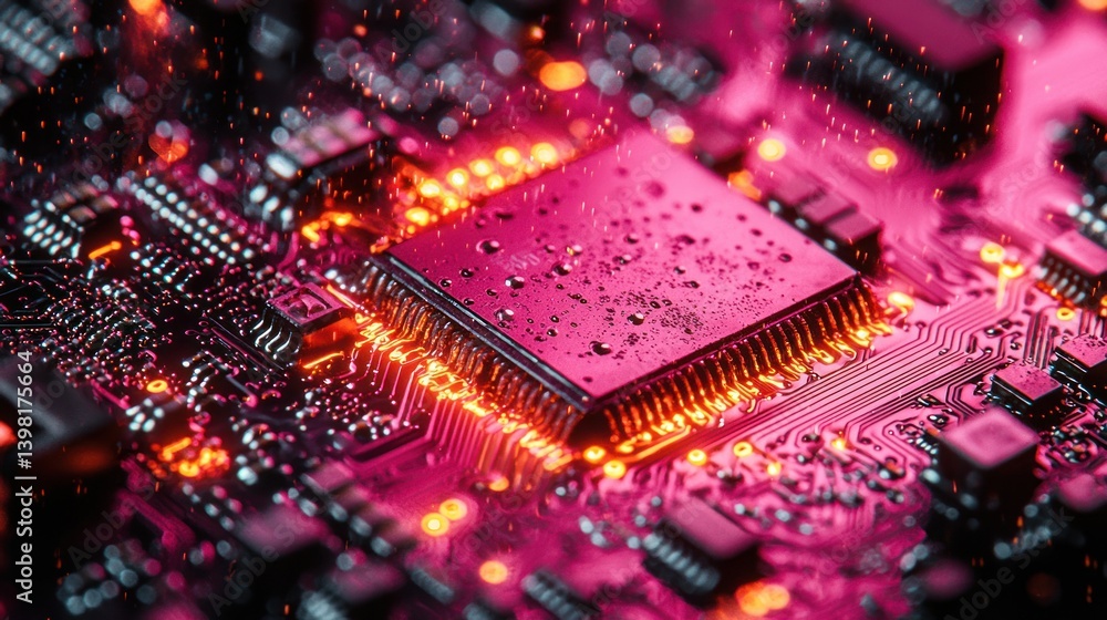 Poster close-up of a vibrant pink circuit board with a central processor, showcasing intricate details and 