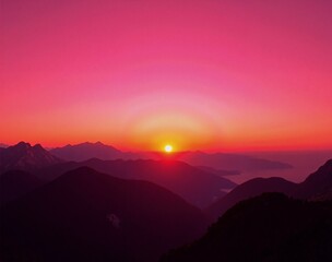 A breathtaking mountain landscape at sunrise, where the sun rises above the horizon, casting a vibrant pink and orange glow across the sky and silhouetting the rugged peaks
