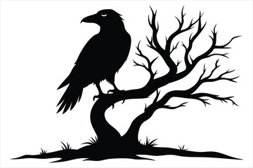 Raven bird silhouette on a dead tree branch
