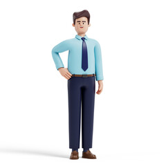 Confident man with hands on hips, symbolizing professionalism and self-assurance. 3D rendering, conceptual image. Isolated on white background.