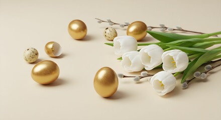 Elegant White Tulips with Golden Easter Eggs