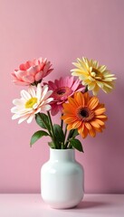 Fototapeta premium Vivid flowers arranged in a white vase against a soft gradient background, vibrant, minimalistic