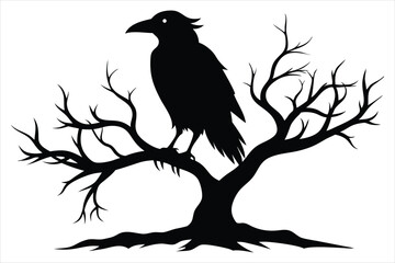Raven bird silhouette on a dead tree branch