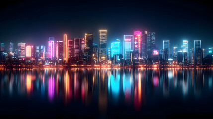 Fototapeta premium Vibrant Neon City Skyline At Night With Reflections