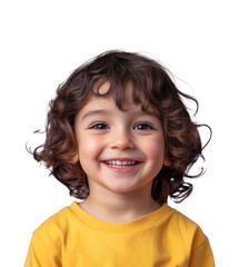 Joyful child smiling in bright yellow shirt portrait cheerful atmosphere. Isolated on transparent background, png.