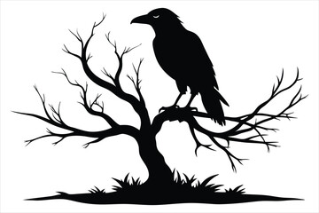 Raven bird silhouette on a dead tree branch