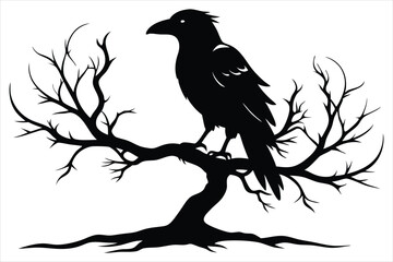 Raven bird silhouette on a dead tree branch