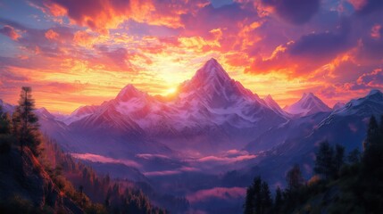 Majestic mountain peak under a vibrant sunset sky
