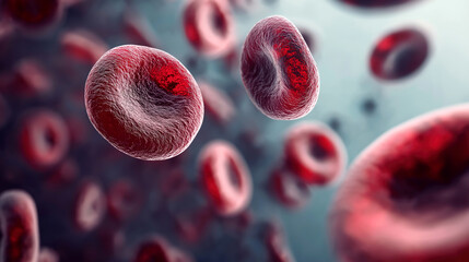 Detailed close-up of red blood cells in motion