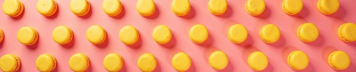 Fototapeta premium Yellow macaroon cookies arranged in a repetitive pattern on a pink background, sweet, pattern