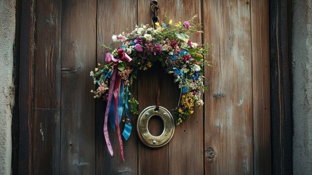 A shining horseshoe mounted on a wooden door, adorned with ribbons and flowers, symbolizing good fortune