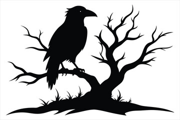 Raven bird silhouette on a dead tree branch
