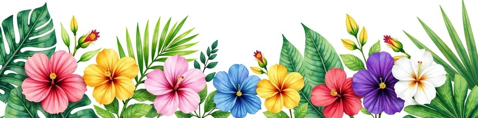 Watercolor painting of a vibrant collection of tropical plants and flowers including palm leaves, roses, hibiscus, pansies, and ferns on a white background,  rose,  painting