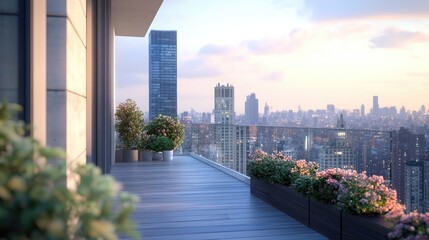 Fototapeta premium High rise balcony overlooking a vast urban city skyline at sunset