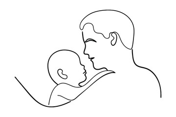 Fatherhood Love In Minimalist Continuous Line Drawing Style Depicting A Father Holding His Baby With Affection And Tenderness In Black And White