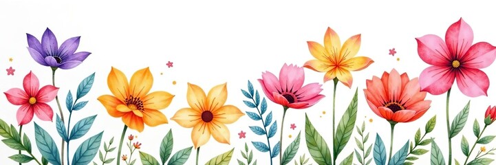 Fototapeta premium Watercolor painting of colorful flowers on white background, vibrant, nature