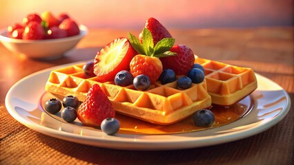 Delicious Waffle Breakfast:  High-Resolution Photo of Berries, Orange & Waffles