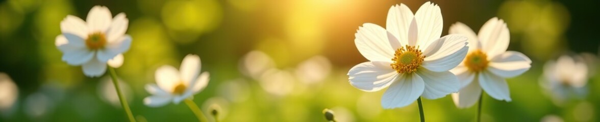 White anemone flowers blooming in a lush garden under the warm summer sun,  blossom,  nature