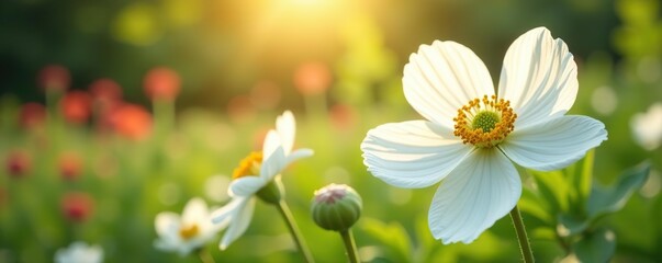 White anemone flowers blooming in a radiant summer garden,  delicate,  petals