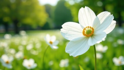 White anemone flowers in full bloom on a sunny summer day,  beautiful,  day