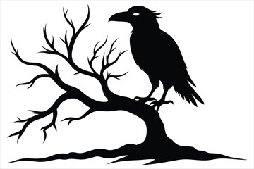 Raven bird silhouette on a dead tree branch