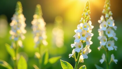 White antirrhinum flowers, also known as snap dragons, bloom vibrantly under the warm summer sun,  vibrant,  outdoor