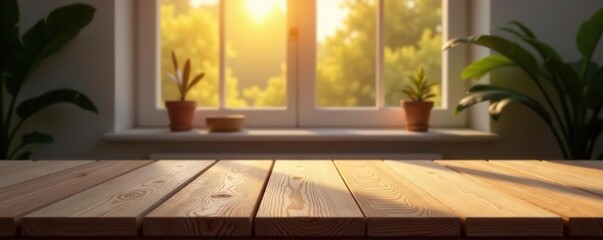 Fototapeta premium Wooden table close up against wall with warm sunset light from window, perfect for displaying products and advertising, advertising, window
