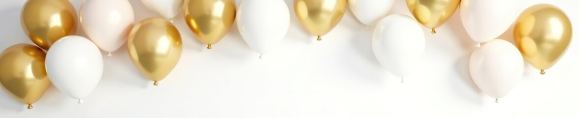 White background adorned with gold and white balloons suspended from the ceiling, creating a jubilant and celebratory ambiance,  decoration,  gold and white