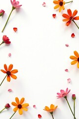 White background with a scattered pattern of small orange, red, and pink flowers, reminiscent of a ditsy print spring bouquet,  pink, floral