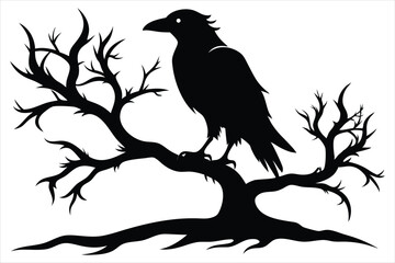 Raven bird silhouette on a dead tree branch