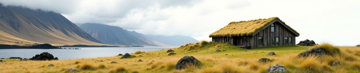 Watercolor painting of turf house in volcanic landscape,  volcanic,  rustic