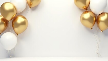 White background with gold and white balloons creating a festive atmosphere,  ceiling, celebration