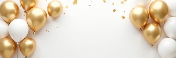 White background with gold and white balloons creating a festive atmosphere,  stylish,  elegant