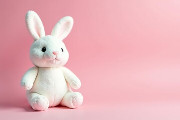 Fototapeta premium White plush rabbit toy placed on soft pastel pink background, whimsical, kids