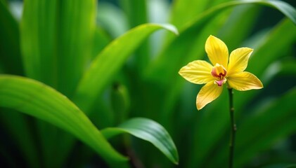 Yellow orchid flower standing out amongst vibrant green leafy plants in a tropical garden setting,  petal,  bright