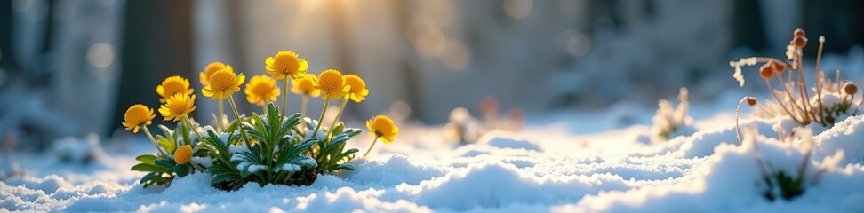 Winter Aconites blooming through a layer of fresh snow in a picturesque UK garden,  serene, Winter Aconites