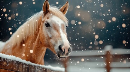 A stunning horse stands gracefully in a snowy winter landscape, surrounded by delicate snowflakes fluttering through the air against a softly blurred background.