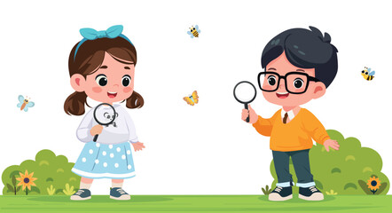 happy kids girl and boy searching with loop ourdoors cartoon vector illustration flat design