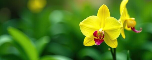 Yellow orchid flower with vibrant green leafy plants in a lush garden setting,  vibrant,  flower