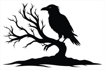 Raven bird silhouette on a dead tree branch