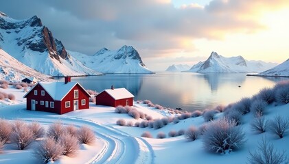 Winter afternoon in Sakrisoy village with stunning views of Lofoten Islands, featuring the untouched beauty of the Norwegian sea and the winter landscape,  Lofoten Islands,  winter