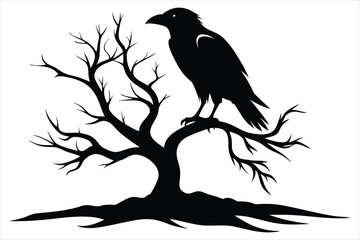 Raven bird silhouette on a dead tree branch
