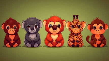 Fototapeten Adorable baby animals illustration featuring monkeys, koalas, and a giraffe, a cute and heartwarming scene perfect for children's books or educational materials. © SANDJAYA
