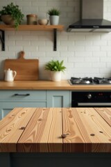 Wooden table set against a blurred kitchen bench background,  bench,  kitchen